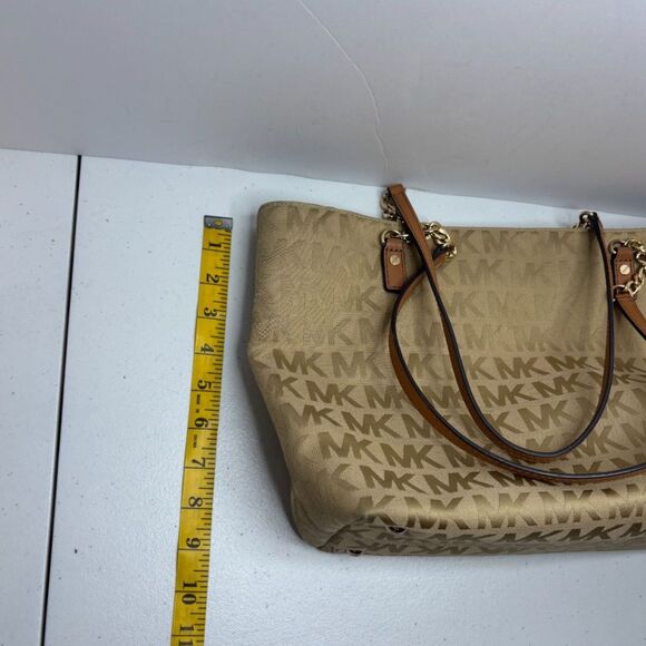 Michael Kors EW Gold Signature Canvas Leather Chain Shoulder Bag Purse Designer - Picture 9 of 12